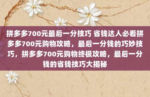 拼多多700元最后一分技巧 省钱达人必看拼多多700元购物攻略，最后一分钱的巧妙技巧，拼多多700元购物终极攻略，最后一分钱的省钱技巧大揭秘